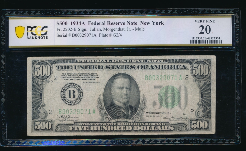 Fr. 2202-B 1934A $500  Federal Reserve Note New York PCGS 20 B00329071A