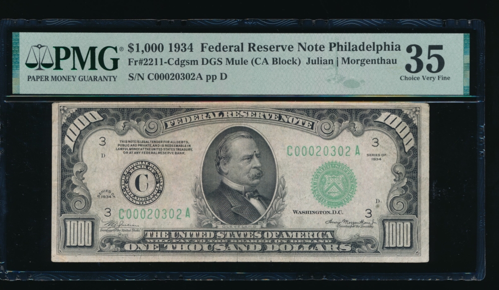 Fr. 2211-C 1934 $1,000  Federal Reserve Note Philadelphia PMG 35 C00020302A
