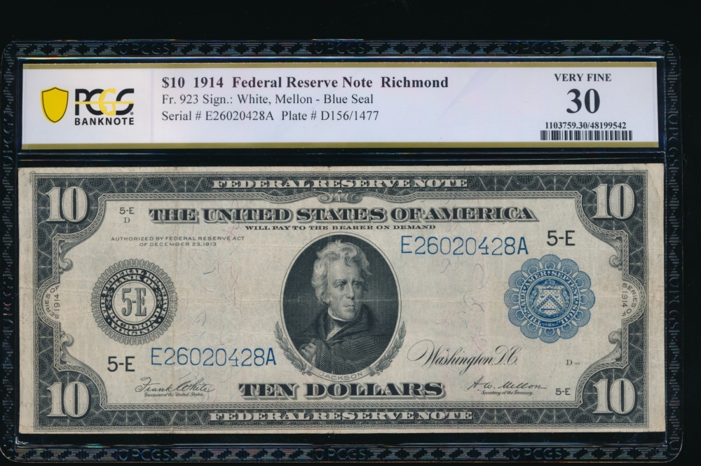 Fr. 923 1914 $10  Federal Reserve Note Richmond PCGS 30 E26020428A