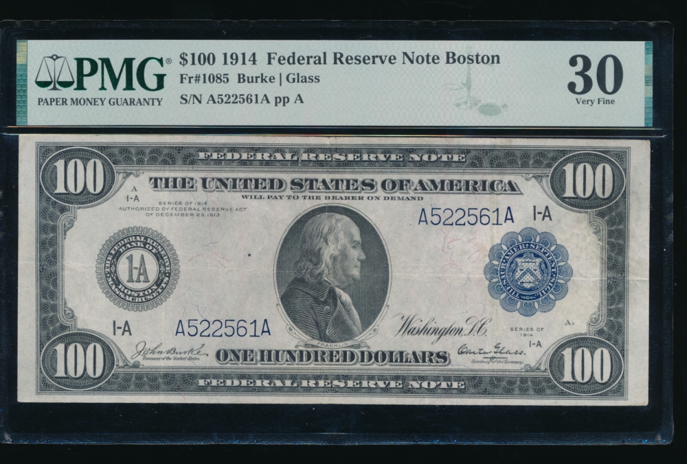 Fr. 1085 1914 $100  Federal Reserve Note Boston PMG 30 A522561A