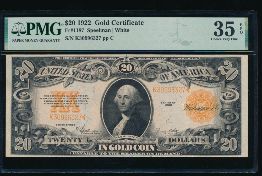 Fr. 1187 1922 $20 Gold Certificate  PMG 35EPQ K30996327