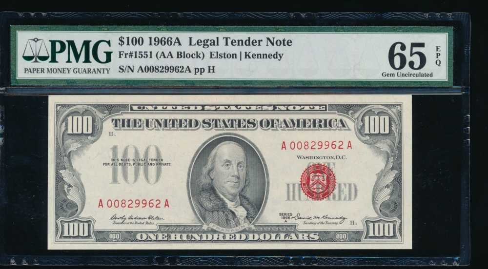 Fr. 1551 1966A $100  Legal Tender AA block PMG 65EPQ A00829962A