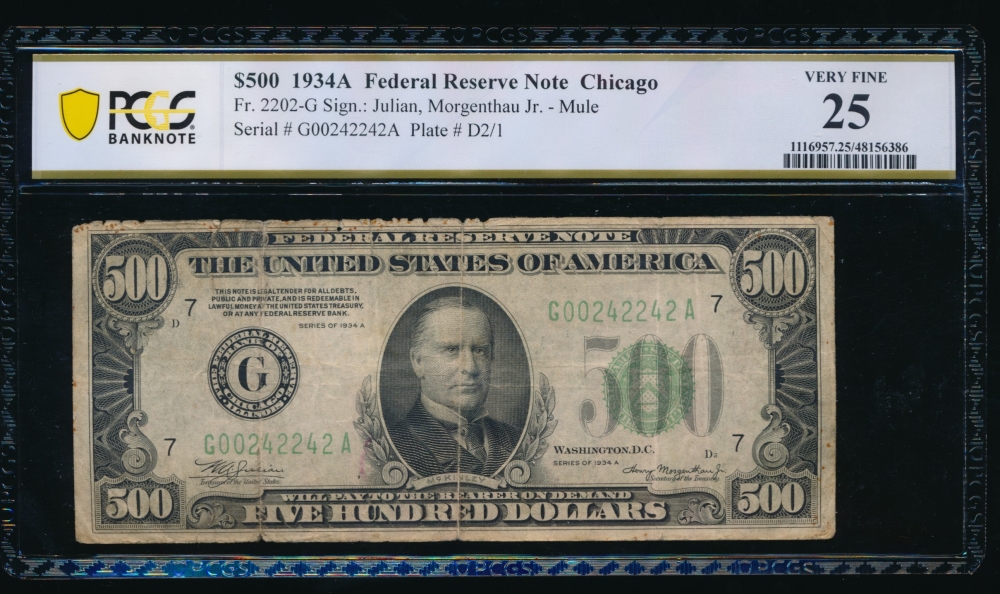 Fr. 2202-G 1934A $500  Federal Reserve Note Chicago PCGS 25 comment G00242242A