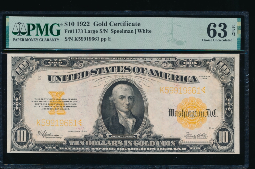 Fr. 1173 1922 $10  Gold Certificate  PMG 63EPQ K59919661