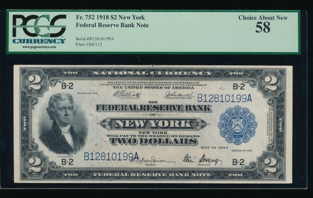 Fr. 752 1918 $2  FRBN New York PCGS-C 58 B12810199A