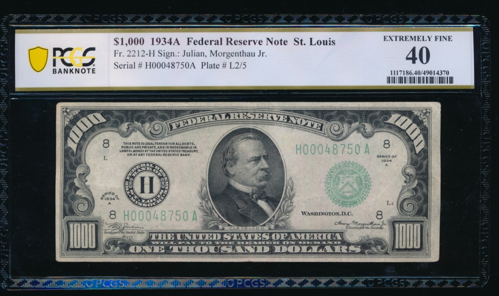 Fr. 2212-H 1934A $1,000  Federal Reserve Note Saint Louis PCGS 40 comment H00048750A
