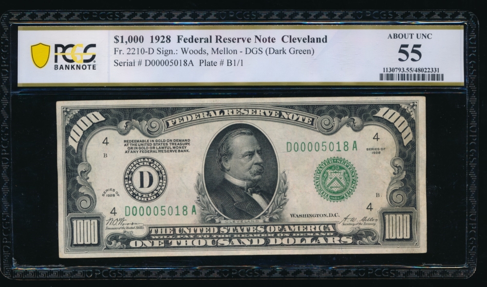 Fr. 2210-D 1928 $1,000  Federal Reserve Note Cleveland PCGS 55 D00005018A