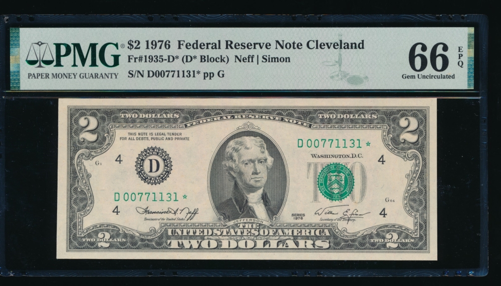 Fr. 1935-D 1976 $2  Federal Reserve Note Cleveland star PMG 66EPQ D00771131*