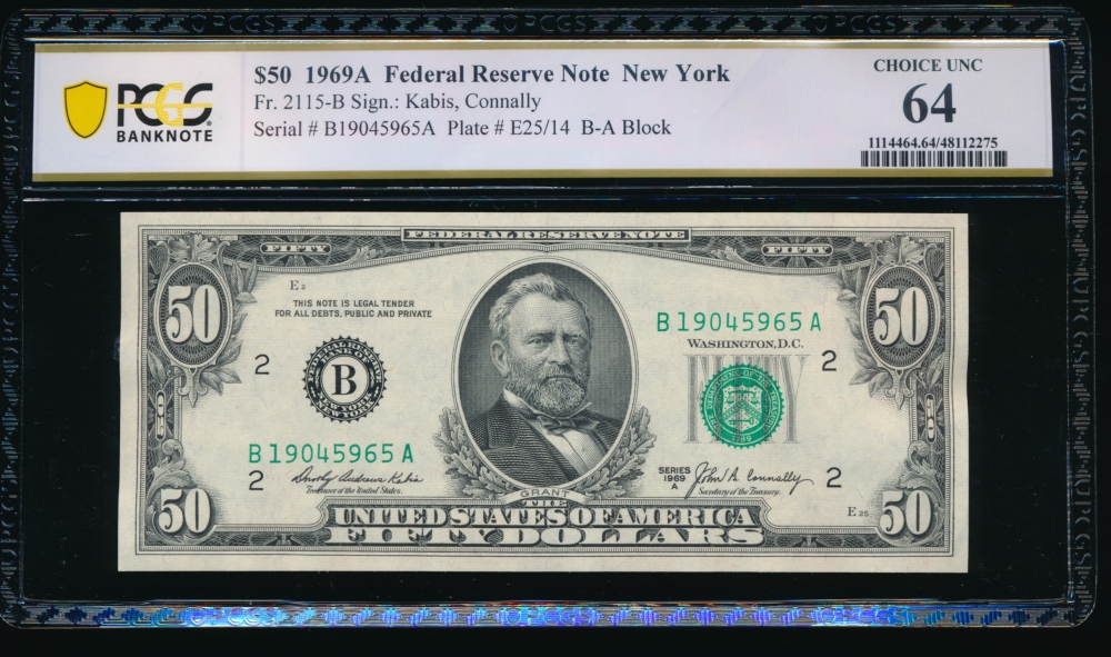 Fr. 2115-B 1969A $50  Federal Reserve Note New York PCGS 64 B19045965A