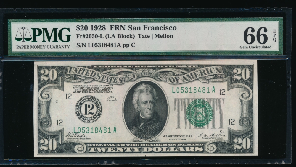 Fr. 2050-L 1928 $20  Federal Reserve Note San Francisco PMG 66EPQ L05318481A