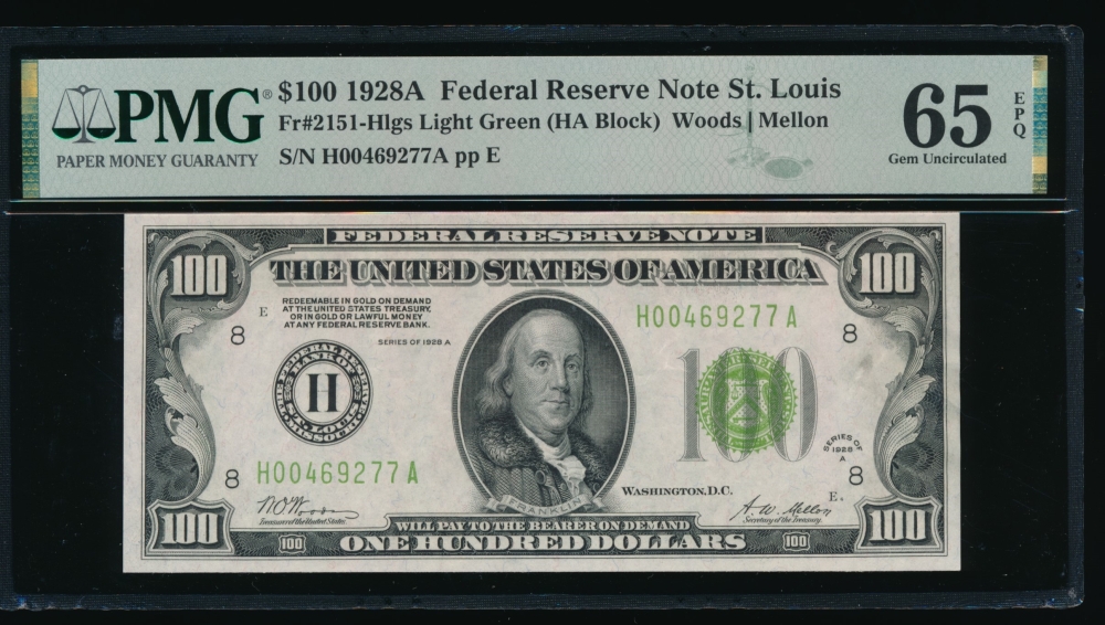 Fr. 2151-H 1928A $100  Federal Reserve Note Saint Louis LGS PMG 65EPQ H00469277A