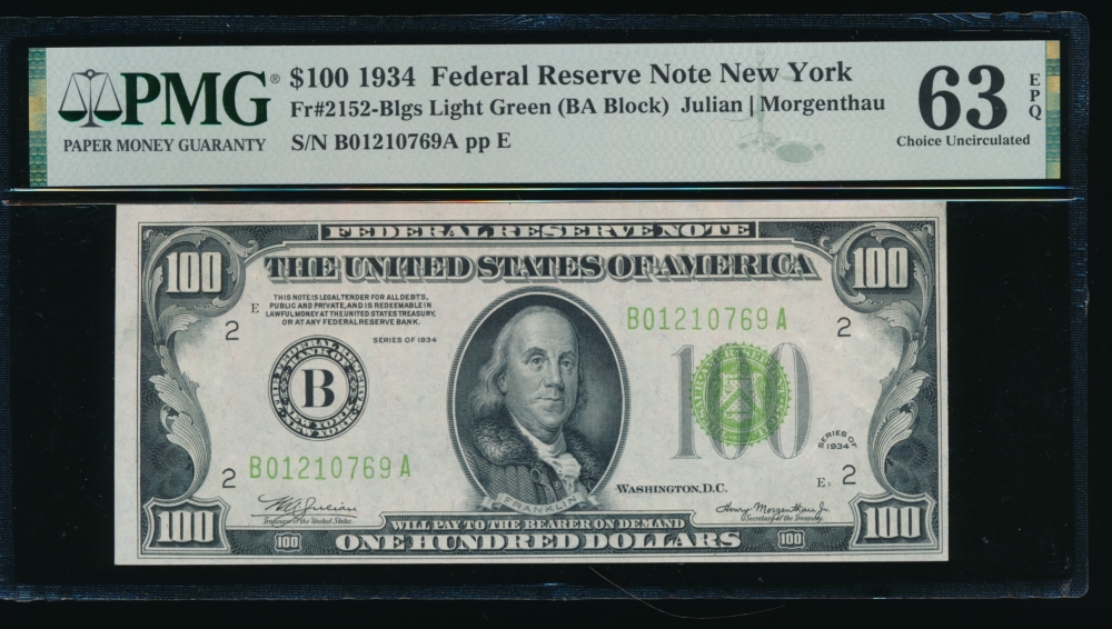 Fr. 2152-B 1934 $100  Federal Reserve Note New York LGS PMG 63EPQ B01210769A