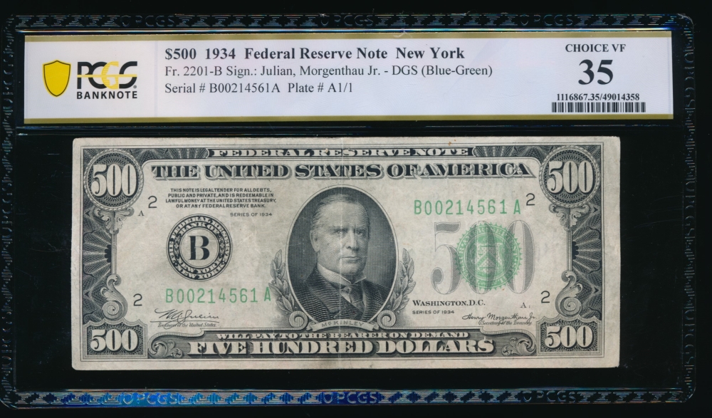 Fr. 2201-B 1934 $500  Federal Reserve Note New York PCGS 35 B00214561A