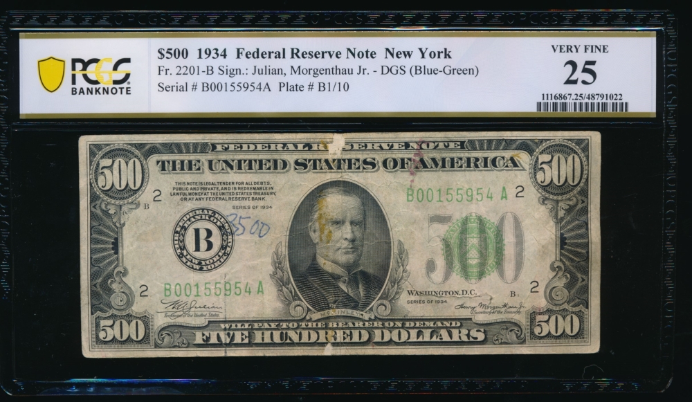 Fr. 2201-B 1934 $500  Federal Reserve Note New York PCGS 25 comment B00155954A