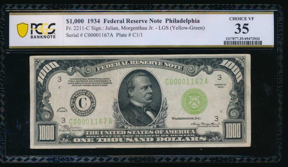 Fr. 2211-C 1934 $1,000  Federal Reserve Note Philadelphia LGS PCGS 35 C00001167A