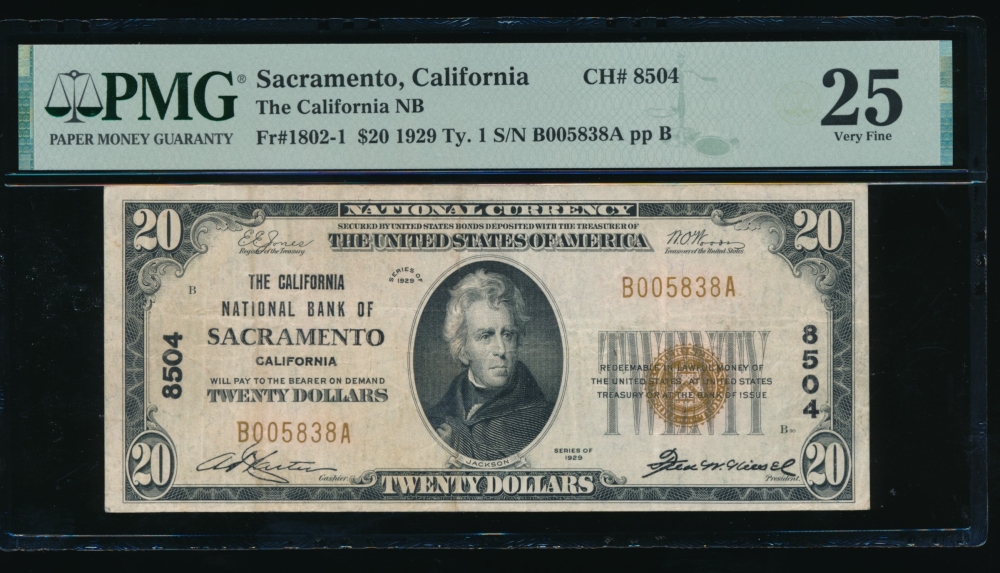 Fr. 1802-1 1929 $20  National: Type I Ch #8504 The California NB of Sacramento, California PMG 25 B005838A