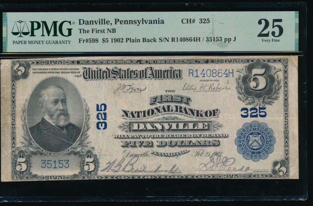 Fr. 598 1902 $5  National: Plain Back Ch #325 The First National Bank of Danville, Pennsylvania  35153