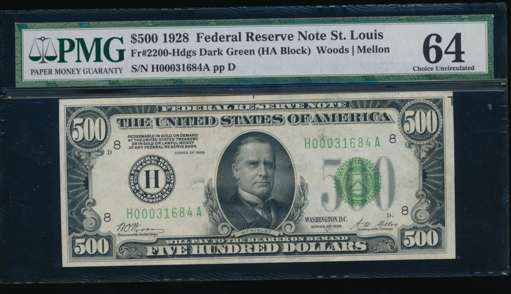 Fr. 2200-H 1928 $500  Federal Reserve Note Saint Louis PMG 64 H00031684A