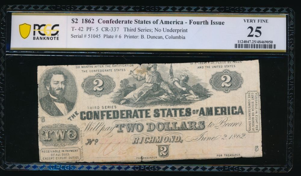 Fr. T-42 1862 $2  Confederate  PCGS 25 51045