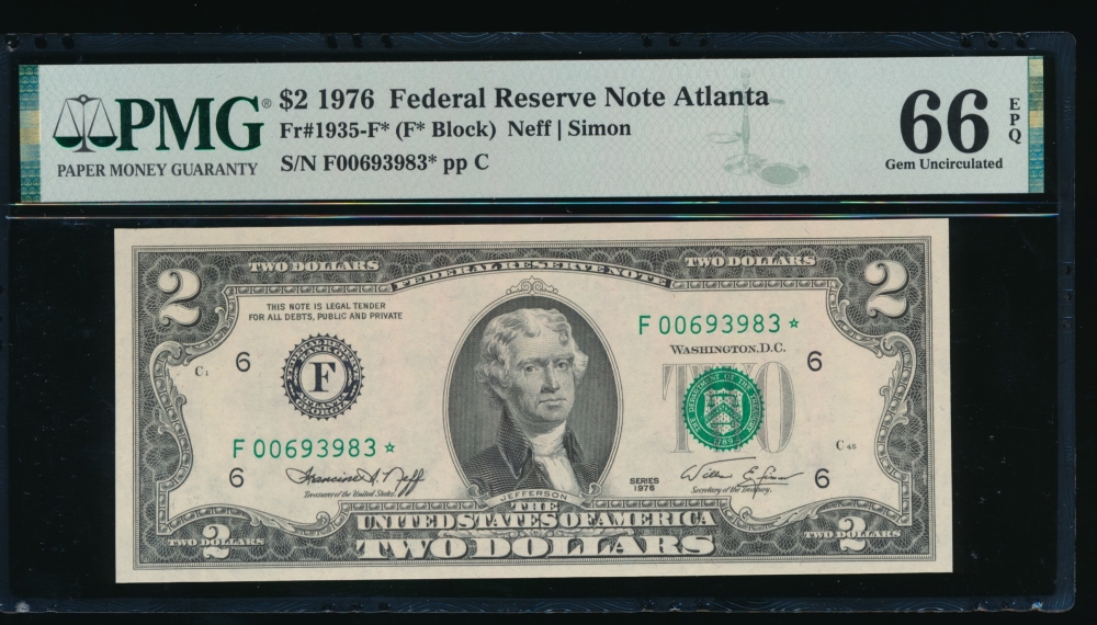 Fr. 1935-F 1976 $2  Federal Reserve Note Atlanta star PMG 66EPQ F00693983*