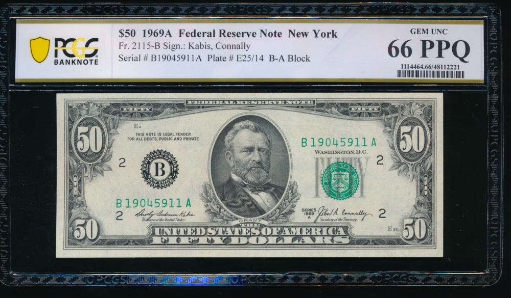 Fr. 2115-B 1969A $50  Federal Reserve Note New York PCGS 66PPQ B19045911A