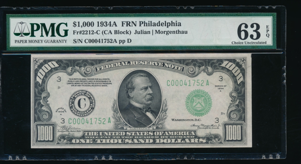 Fr. 2212-C 1934A $1,000  Federal Reserve Note Philadelphia PMG 63EPQ C00041752A