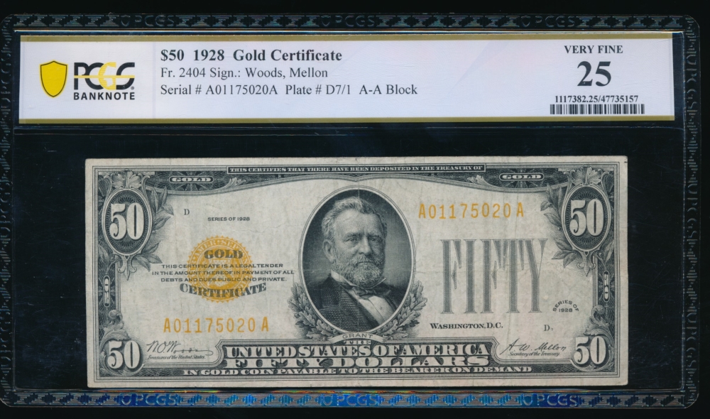 Fr. 2404 1928 $50  Gold Certificate  PCGS 25 A01175020A