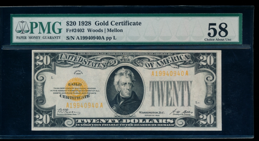 Fr. 2402 1928 $20  Gold Certificate  PMG 58 A19940940A