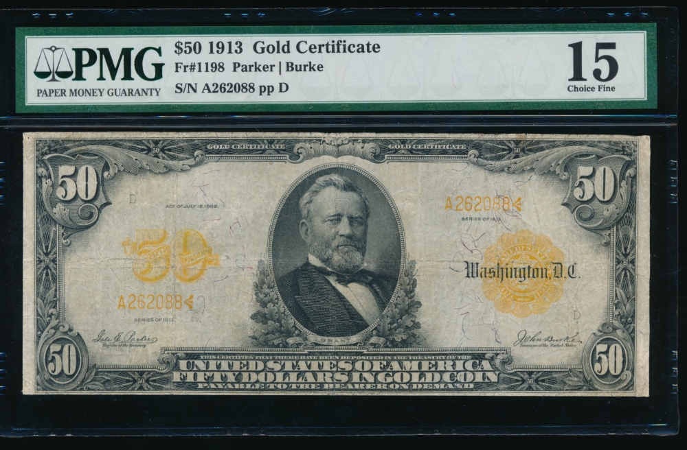 Fr. 1198 1913 $50  Gold Certificate  PMG 15 comment A151088