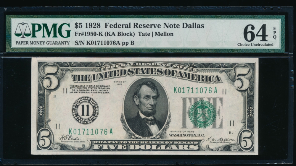 Fr. 1950-K 1928 $5  Federal Reserve Note Dallas PMG 64EPQ K01711076A