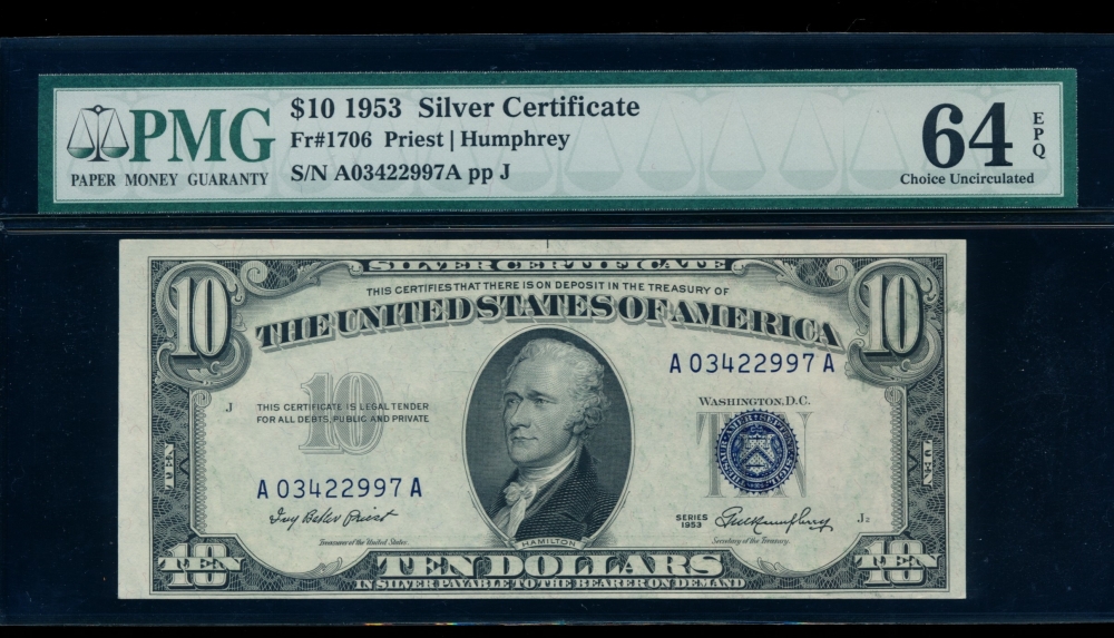 Fr. 1706 1953 $10  Silver Certificate AA block PMG 64EPQ A03422997A
