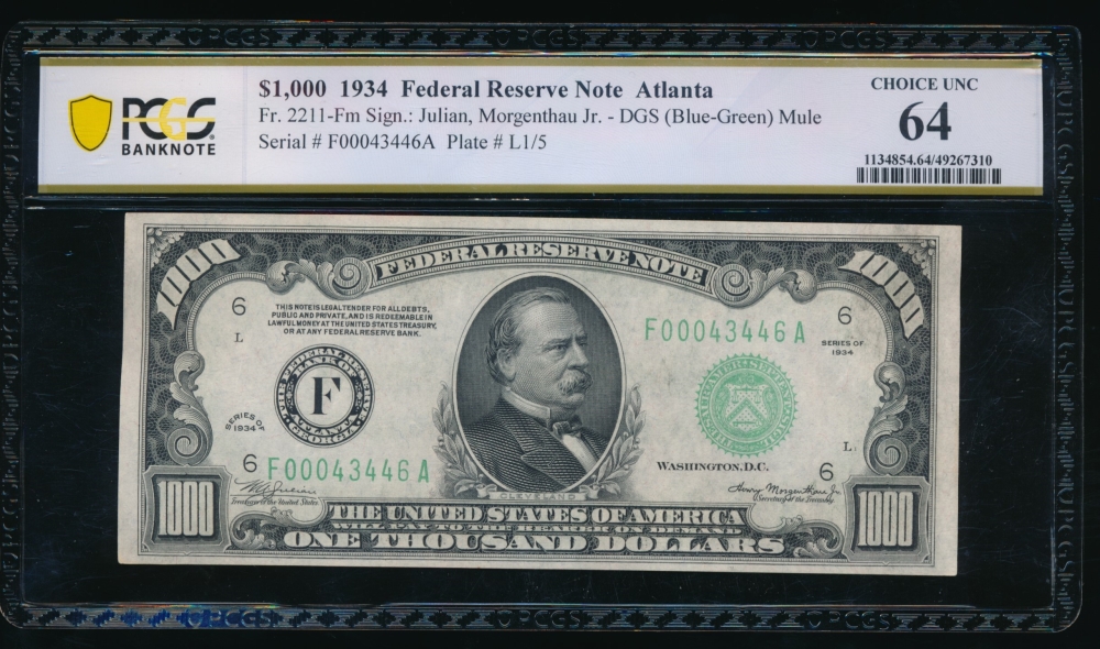 Fr. 2211-F 1934 $1,000  Federal Reserve Note Atlanta PCGS 64 F00043446A