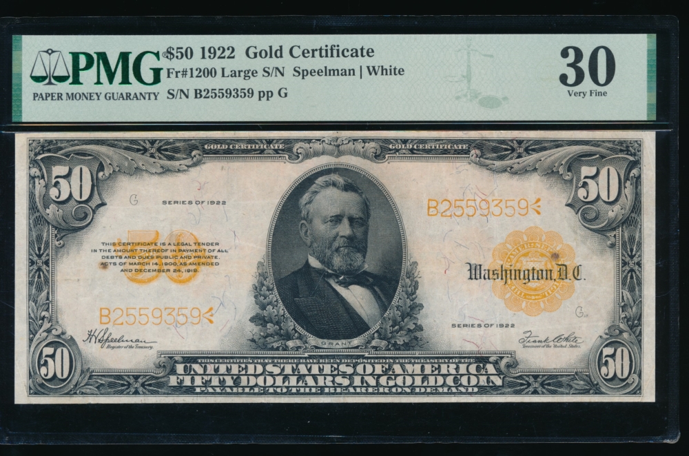 Fr. 1200 1922 $50  Gold Certificate  PMG 30 comment B2559359