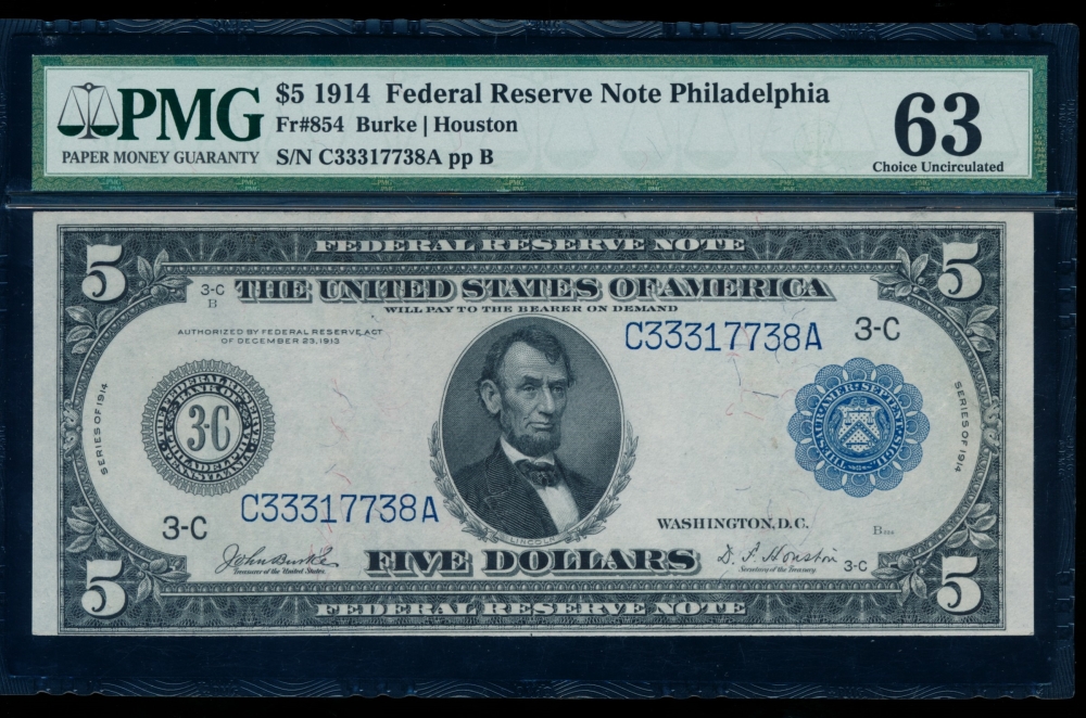Fr. 854 1914 $5  Federal Reserve Note Philadelphia PMG 63 C33317738A