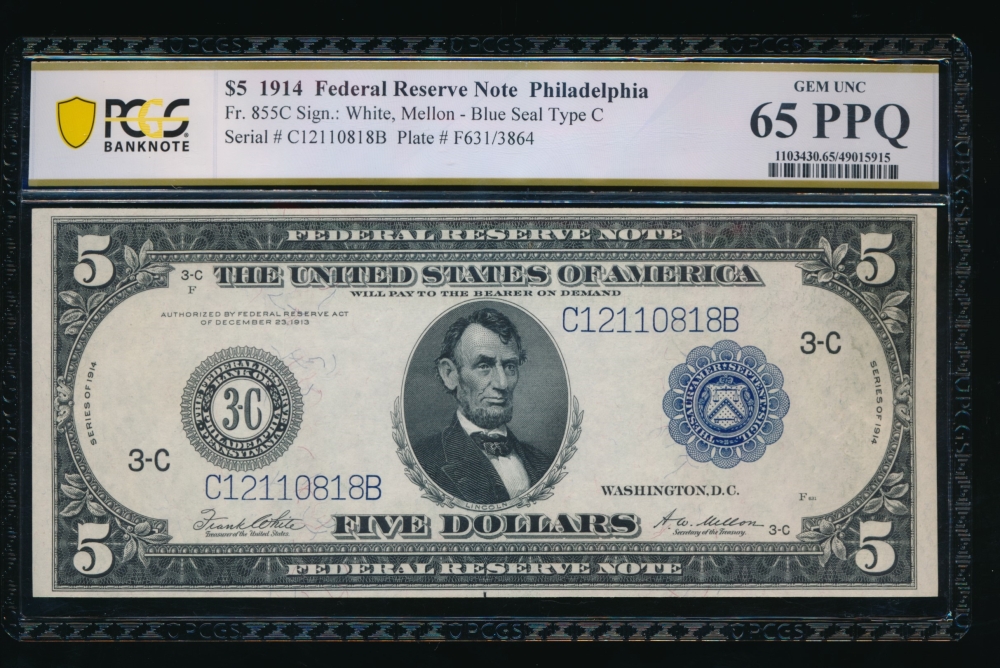 Fr. 855c 1914 $5  Federal Reserve Note Philadelphia PCGS 65PPQ C12110818B