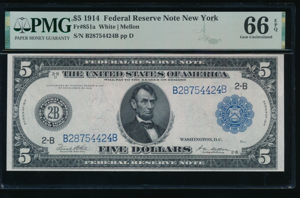 Fr. 851a 1914 $5  Federal Reserve Note  PMG 66EPQ B28754424B