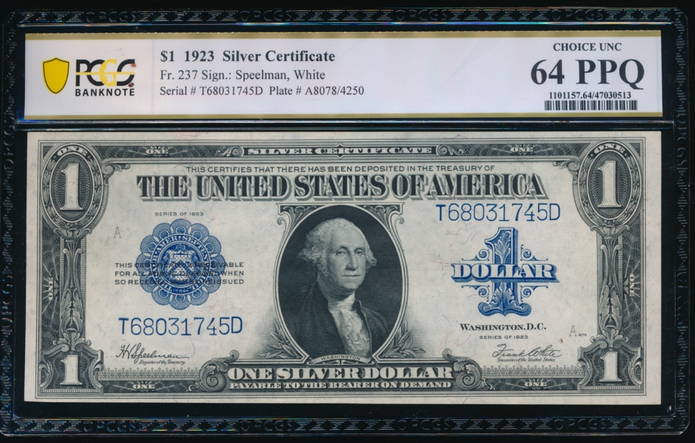 Fr. 237 1923 $1  Silver Certificate TD block PCGS 64PPQ T68031745D