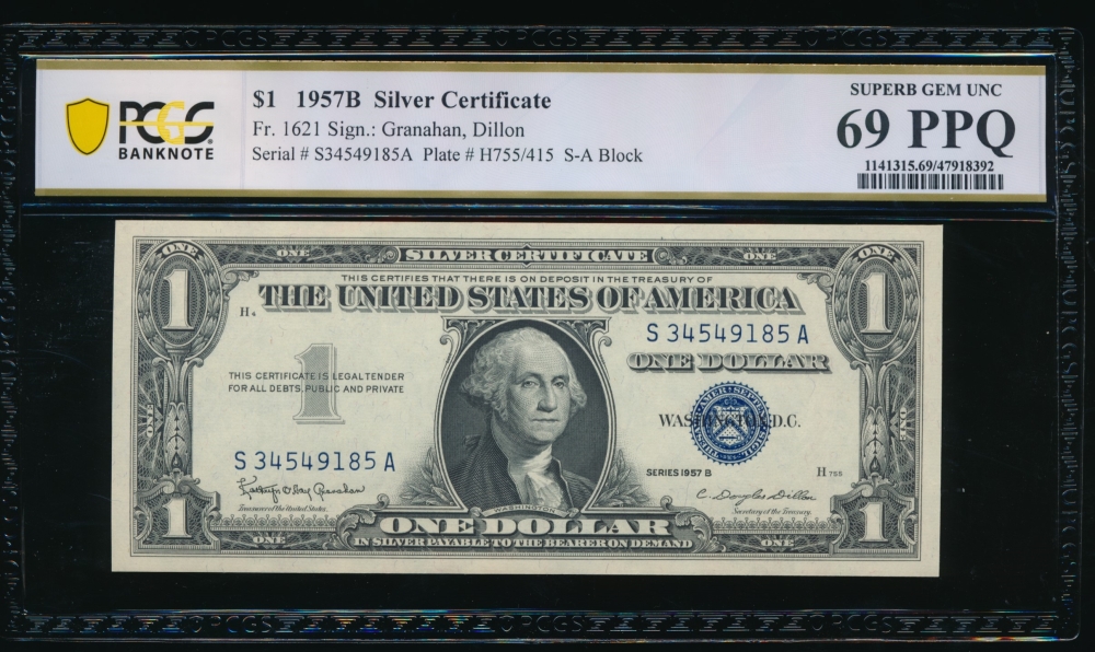 Fr. 1621 1957B $1  Silver Certificate SA block PCGS 69PPQ S34549185A