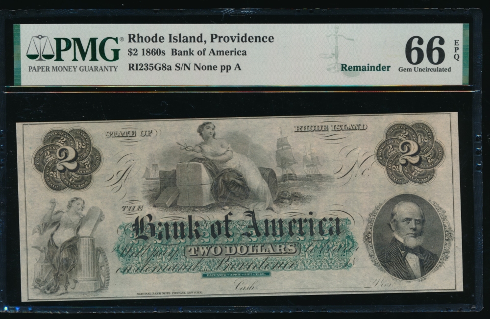 Fr. RI-235 G8a 1860s $2  Obsolete Bank of America, Rhode Island PMG 66EPQ no serial number