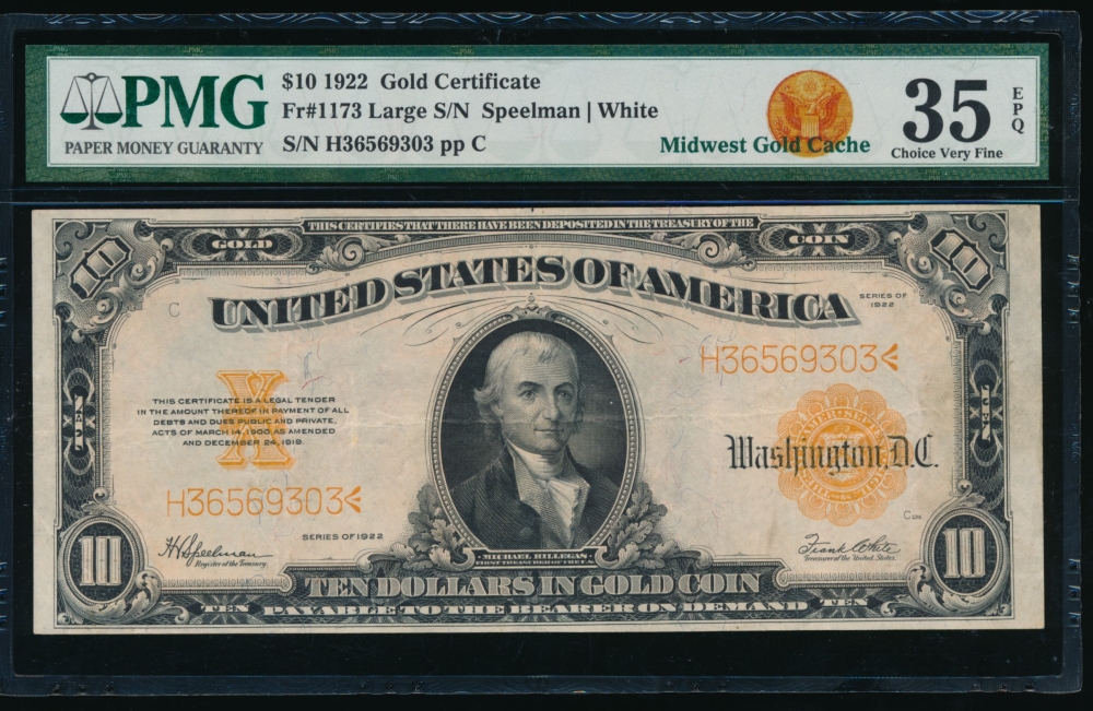 Fr. 1173 1922 $10  Gold Certificate  PMG 35EPQ H36569303