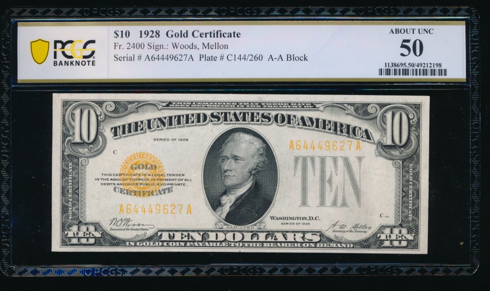 Fr. 2400 1928 $10  Gold Certificate AA block PCGS 50 A64449627A