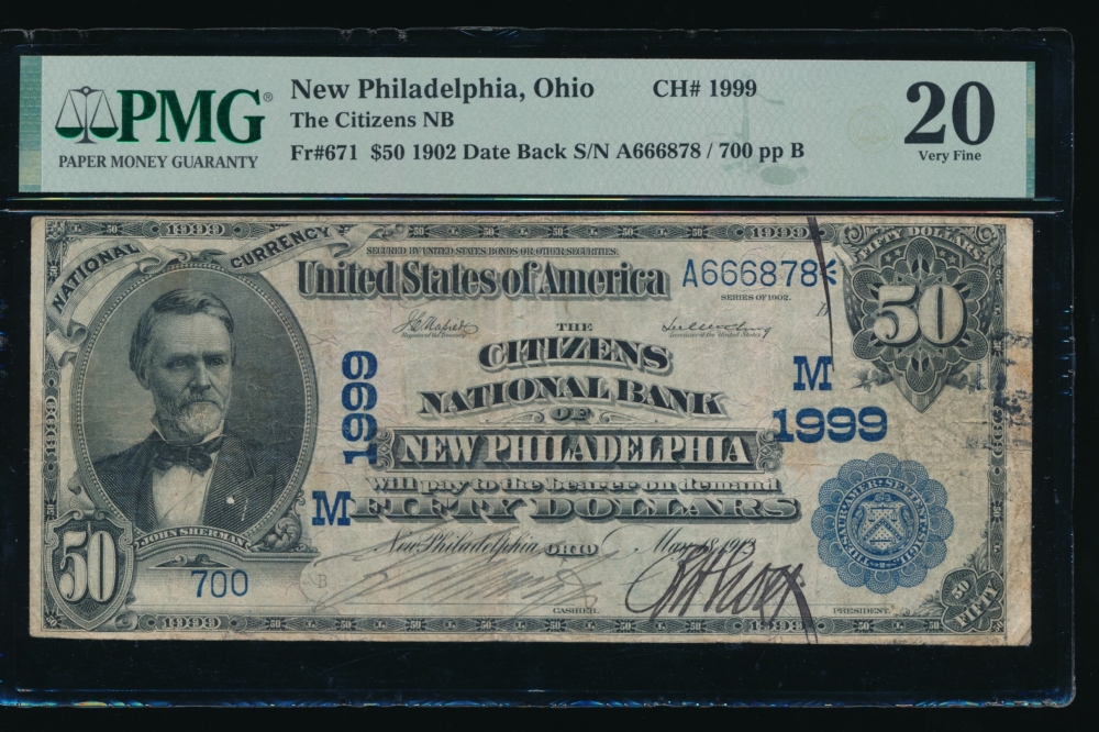 Fr. 671 1902 $50  National: Date Back Ch #1999 The Citizens National Bank of New Philadelphia, Ohio PMG 20 700