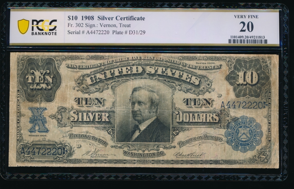 Fr. 302 1908 $10  Silver Certificate  PCGS 20 A4472220