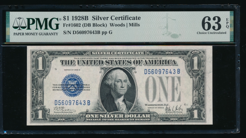 Fr. 1602 1928B $1  Silver Certificate DB block PMG 63EPQ D56097643A