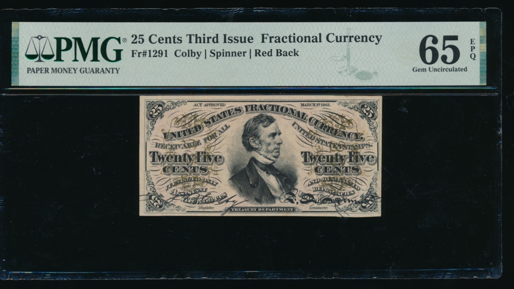 Fr. 1291  $0.25  Fractional Third Issue: Red Back PMG 65EPQ no serial number