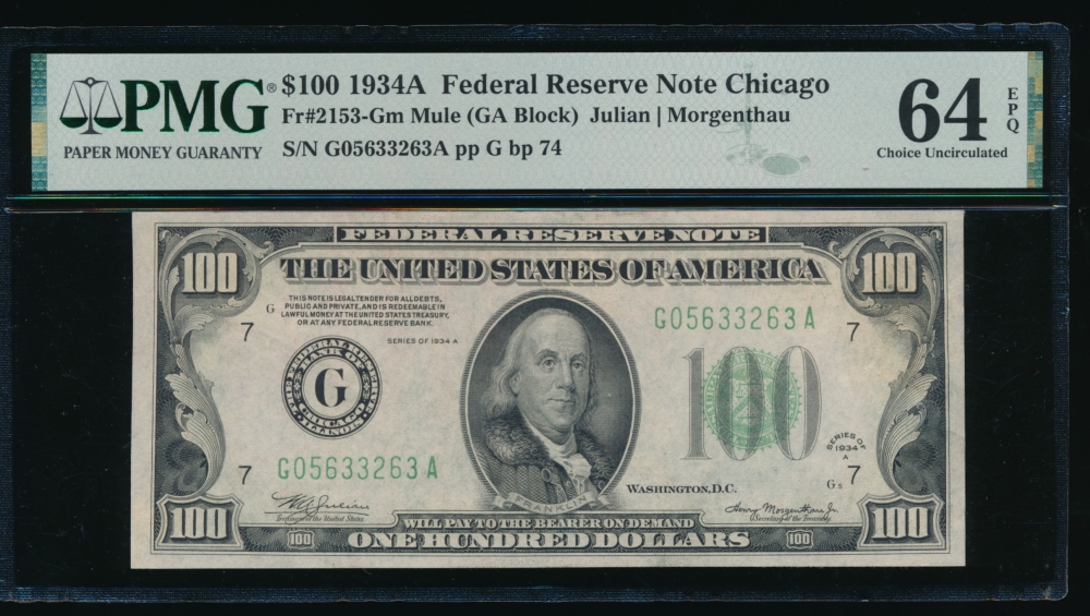 Fr. 2153-G 1934A $100  Federal Reserve Note Chicago mule PMG 64EPQ G05633263A