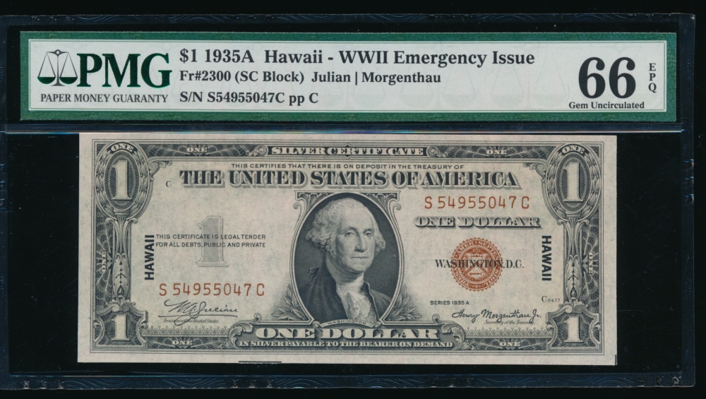 Fr. 2300 1935A $1  Hawaii SC block PMG 66EPQ S54955047C