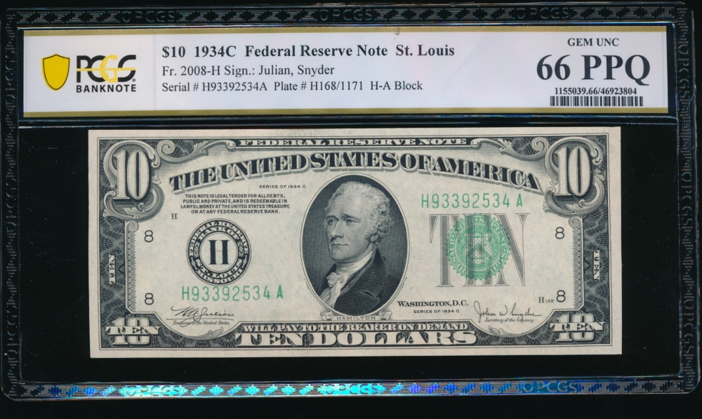 Fr. 2008-H 1934C $10  Federal Reserve Note Saint Louis PCGS 66PPQ H93392534A
