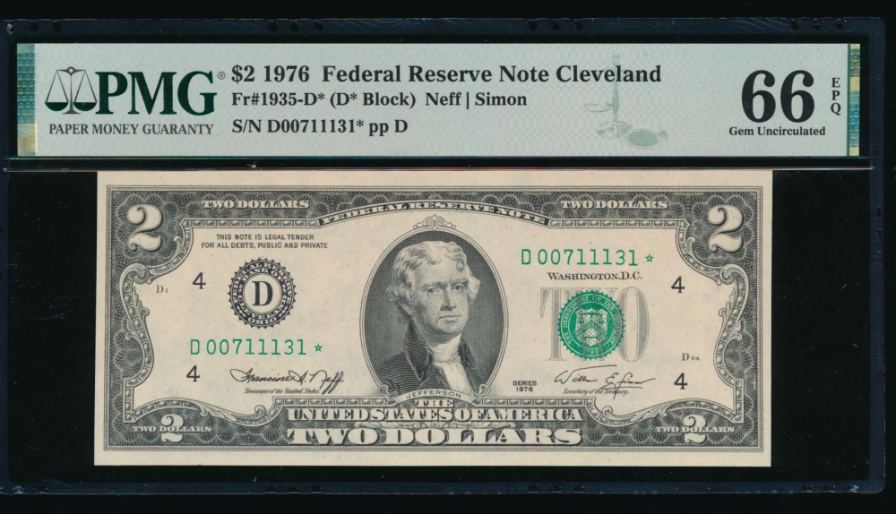 Fr. 1935-D 1976 $2  Federal Reserve Note Cleveland star PMG 66EPQ D00711131*