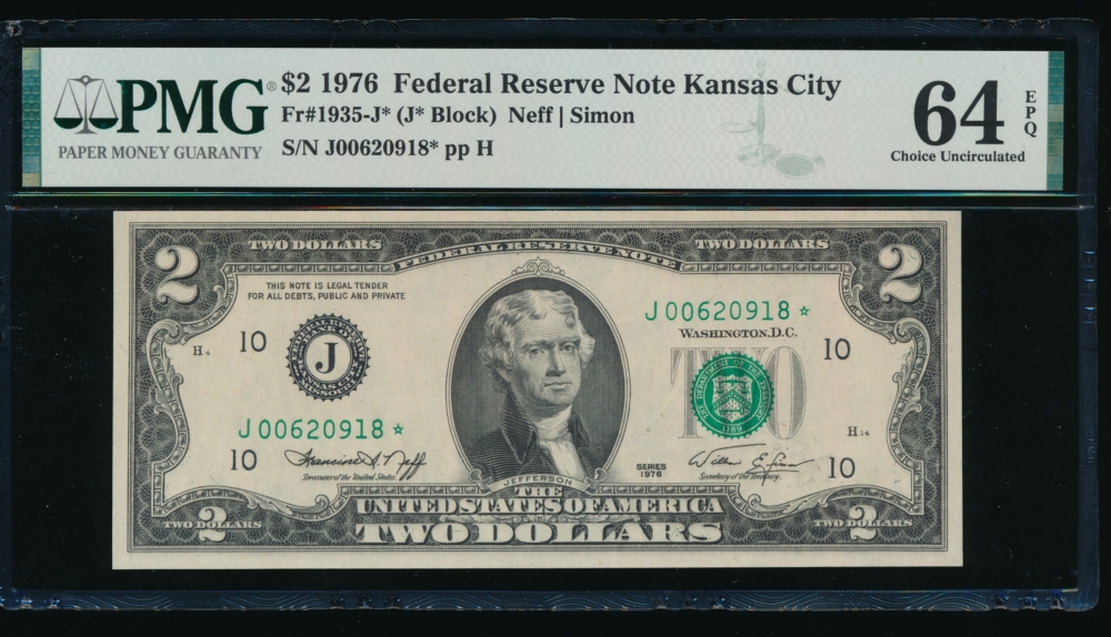 Fr. 1935-J 1976 $2  Federal Reserve Note Kansas City star PMG 64EPQ J00620918*
